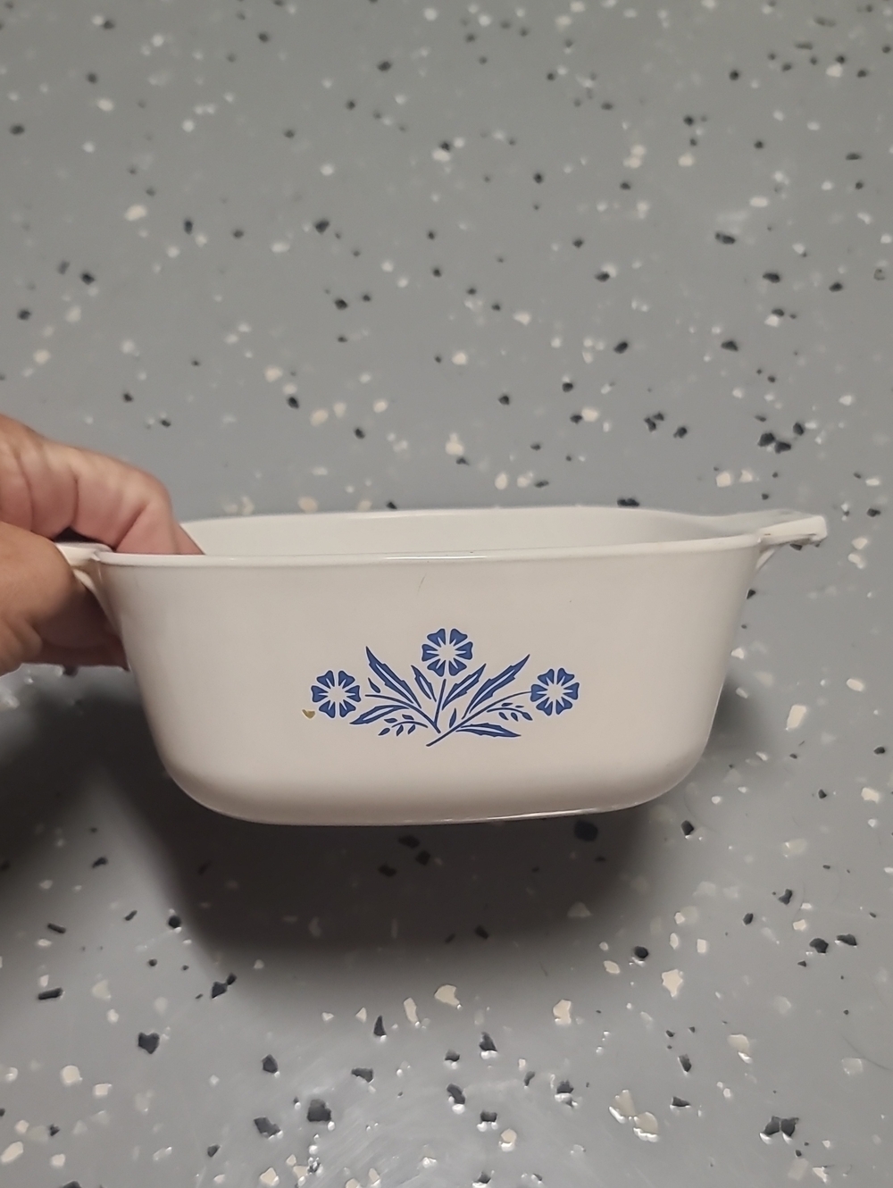 Corningware White Serving Dish with Blue Logo and Floral Marking. 1.5 Quart